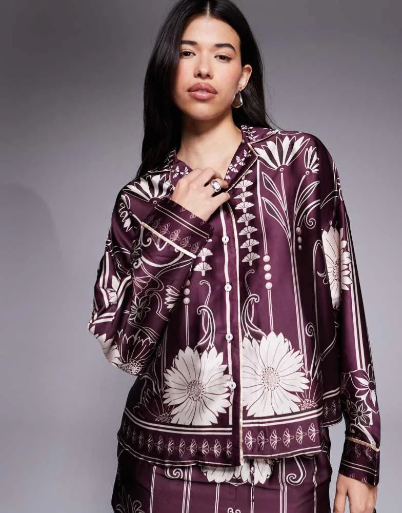 商品River Island|River Island floral print satin pyjama set in burgundy,价格¥428,第4张图片详细描述