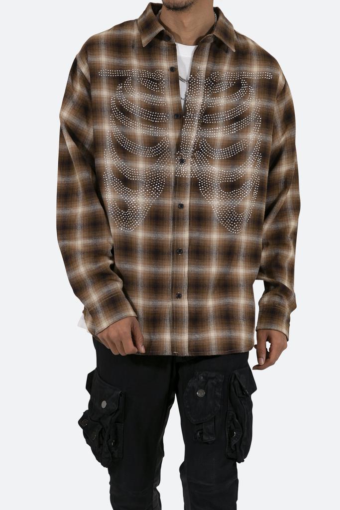 Rhinestone Skeleton Flannel Shirt - Brown商品第7张图片规格展示