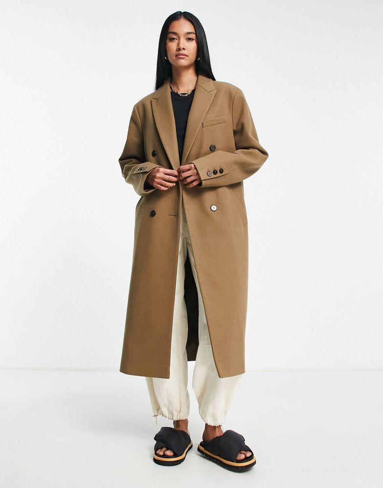 Topshop double breasted long coat in dark camel商品第1张图片规格展示