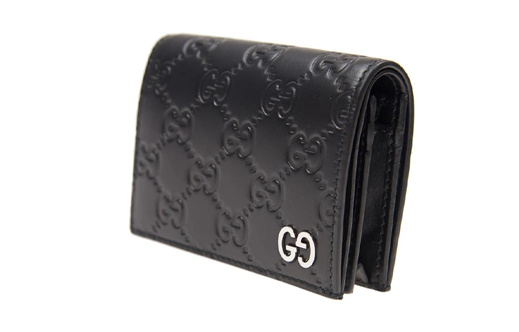 商品[国内直发] Gucci|古驰 银标双G 老花Logo压纹 皮革 双折翻盖卡包钱包 男女同款/ 黑色,价格¥4380,第3张图片详细描述