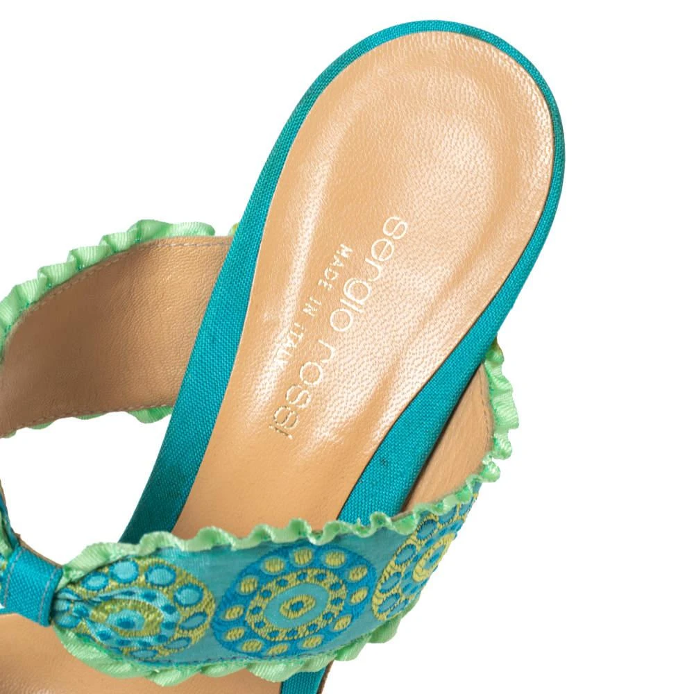 Sergio Rossi Blue/Green Embroidered Fabric and Pleated Trim Double Bow Slide Sandals Size 41  商品