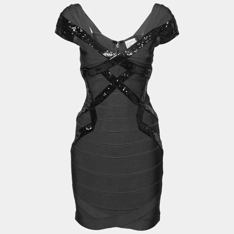 商品[二手商品] Herve Leger|Herve Leger Grey Sequin Embellished Cap Sleeve Bandage Dress S,价格¥1226,第1张图片