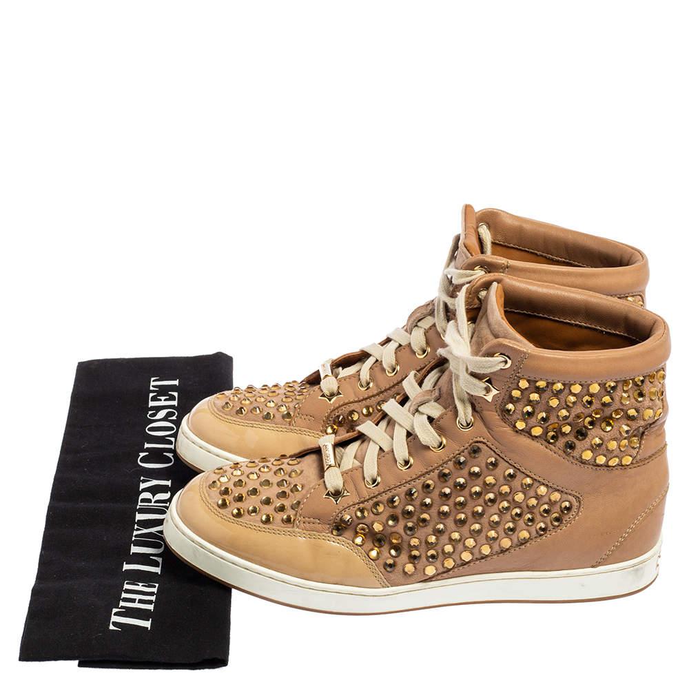 Jimmy Choo Beige Patent Leather and Leather Crystal Studded Tokyo High Top Sneakers Size 36商品第8张图片规格展示