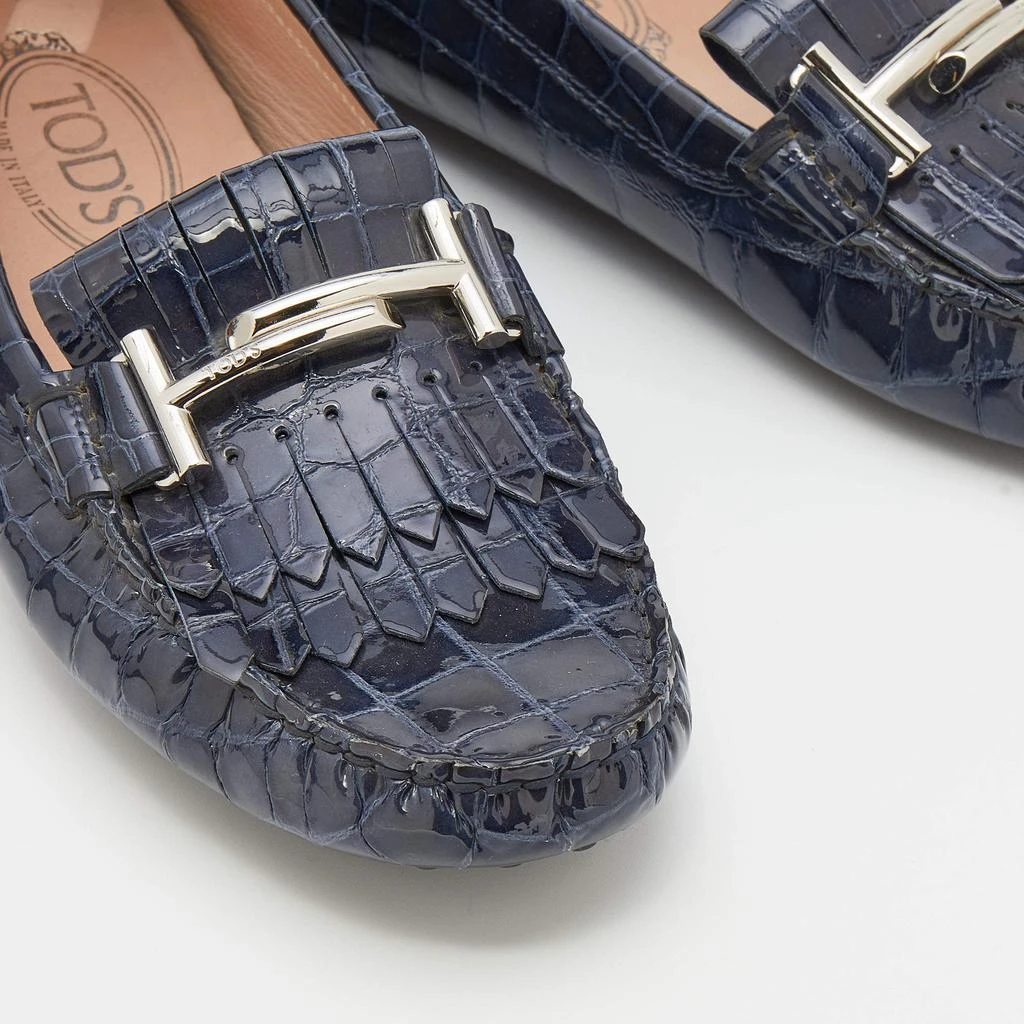 Tod's Oxford Blue Croc Embossed Patent Leather Double T Slip On Loafers Size 38 商品