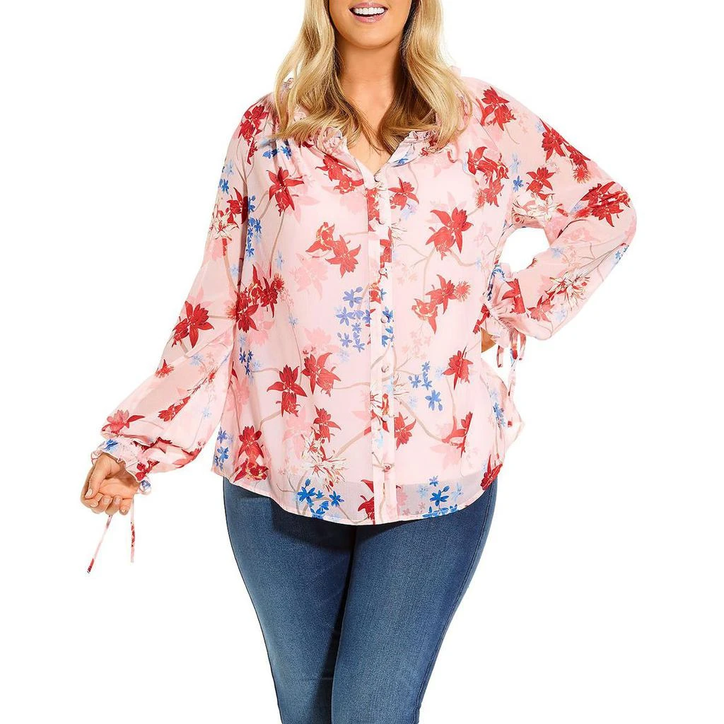 商品Estelle|Estelle Womens Plus Spring Bloom Chiffon Flowy Button-Down Top,价格¥191,第1张图片