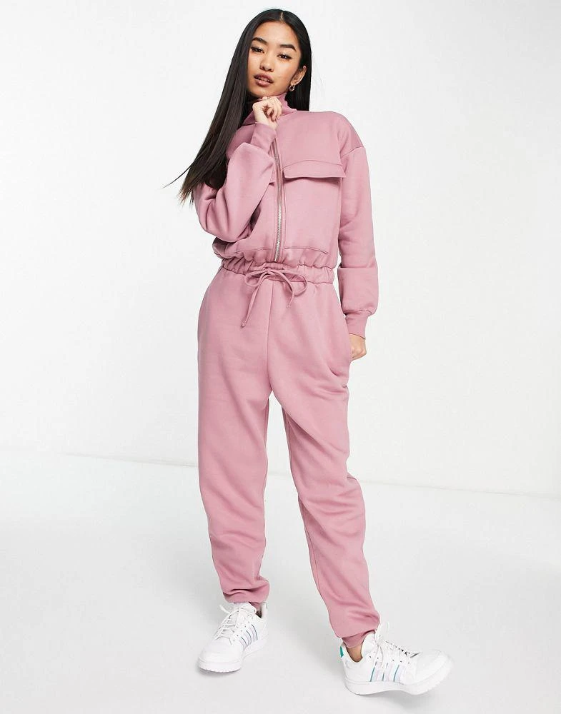 商品ASOS|ASOS DESIGN brushed fleece half zip jogger jumpsuit in dusky rose,价格¥181,第4张图片详细描述