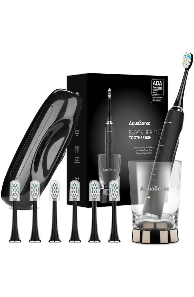 商品AquaSonic|Black Series+ - Ultra Whitening 40,000 VPM Rechargeable Electric Toothbrush - ADA Accepted - Wireless Charging Glass - 6 Proflex Brush Heads & Travel Case – 4 Modes & Smart Timer -Sonic,价格¥494,第1张图片