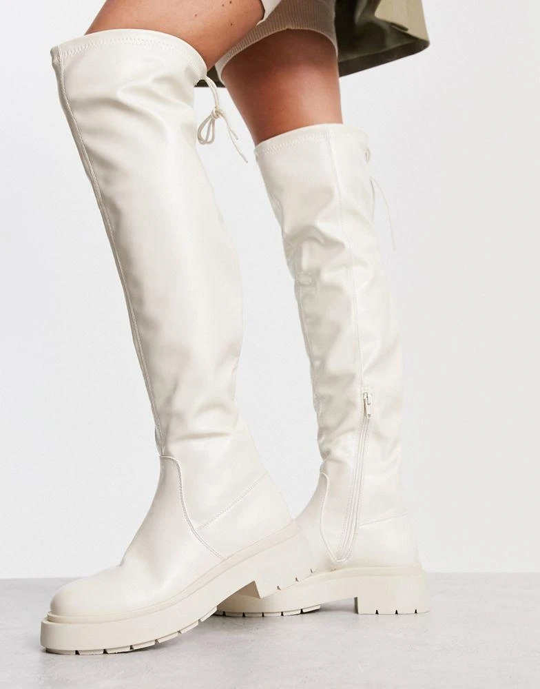 商品New Look|New Look over the knee chunky stretch flat boots in white,价格¥303,第4张图片详细描述