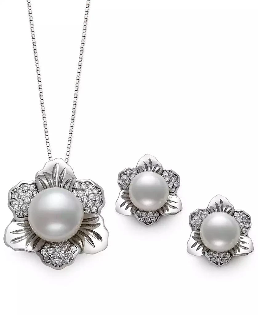 商品Belle de Mer|2-Pc. Set Cultured Freshwater Pearl (7 & 10mm) & Cubic Zirconia Flower Pendant Necklace & Matching Stud Earrings in Sterling Silver,价格¥952,第4张图片详细描述