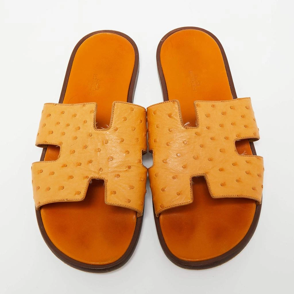 商品[二手商品] Hermes|Hermes Light Orange Ostrich Leather Izmir Flat Slides Size 44.5,价格¥4192,第3张图片详细描述