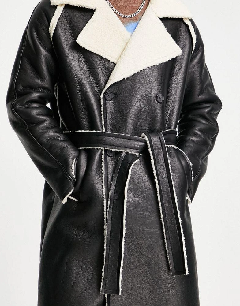 商品ASOS|ASOS DESIGN faux leather trench coat in black with ecru borg lining,价格¥421,第3张图片详细描述