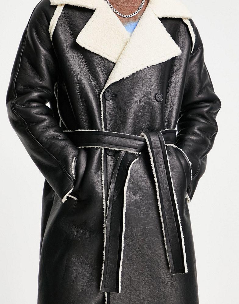 商品ASOS|ASOS DESIGN faux leather trench coat in black with ecru borg lining,价格¥415,第5张图片详细描述