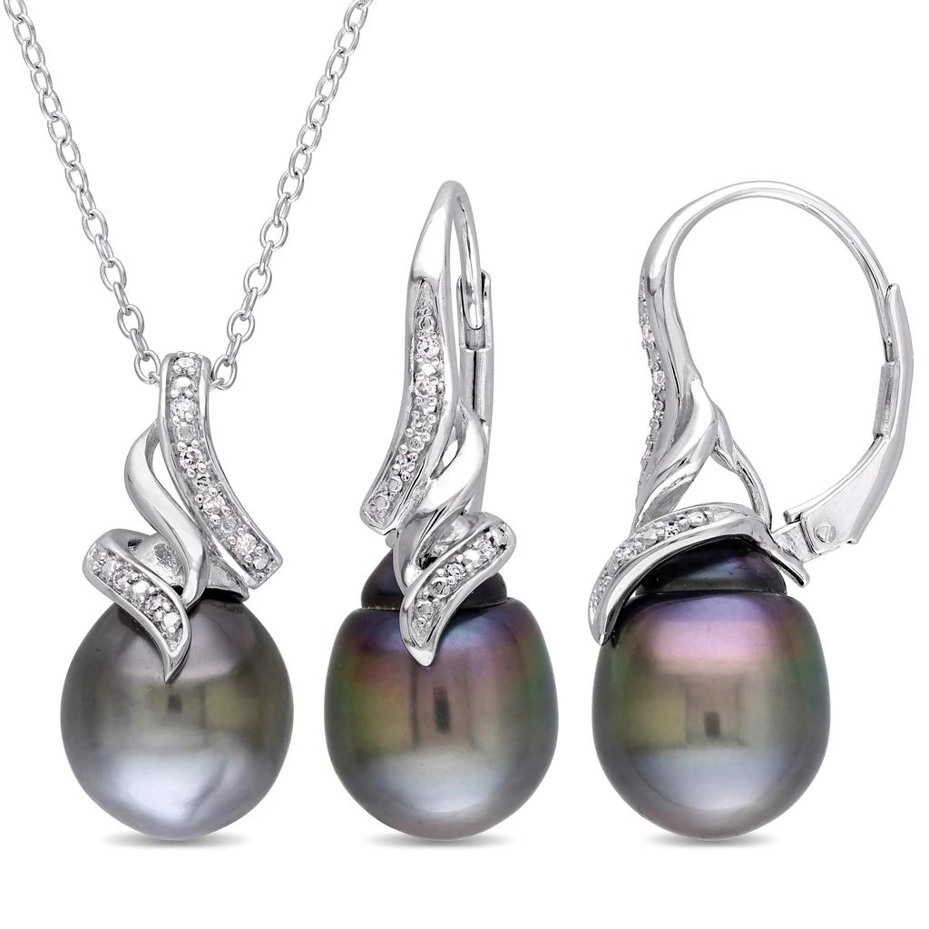 商品Mimi & Max|Women's 2pc Set of 9-9.5mm Black Tahitian Pearl and 1/10ct TW Diamond Vintage Drop Pendant w/ Chain and Leverback Earrings,价格¥1669,第1张图片