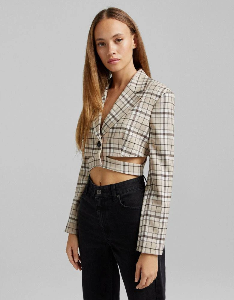 商品Bershka|Bershka cropped blazer co-ord in beige check,价格¥217,第1张图片