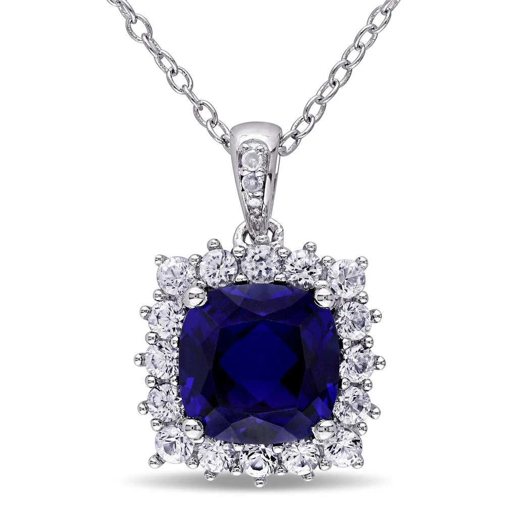 商品Mimi & Max|3 3/5 CT TGW Created Blue and Created White Sapphire and Diamond Halo Pendant with Chain in Sterling Silver,价格¥474,第1张图片