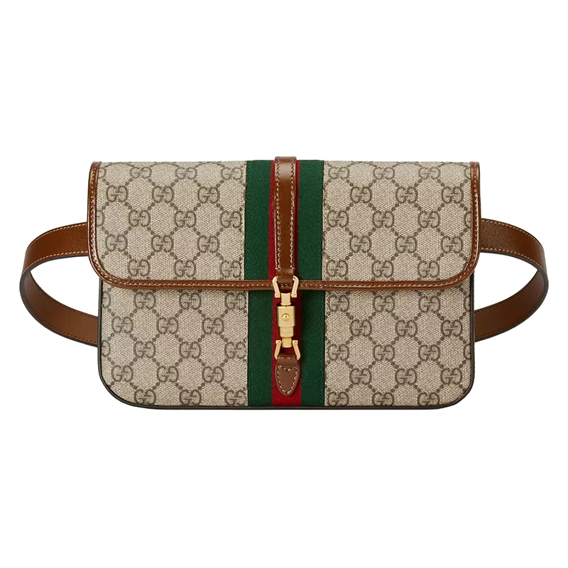 商品Prada|GUCCI/古驰 22新款 Jackie 1961系列 女士米色/乌木色老花帆布棕色皮革绿红色条纹金色饰面翻盖腰包699930HUHHG8565,价格¥15481,第1张图片