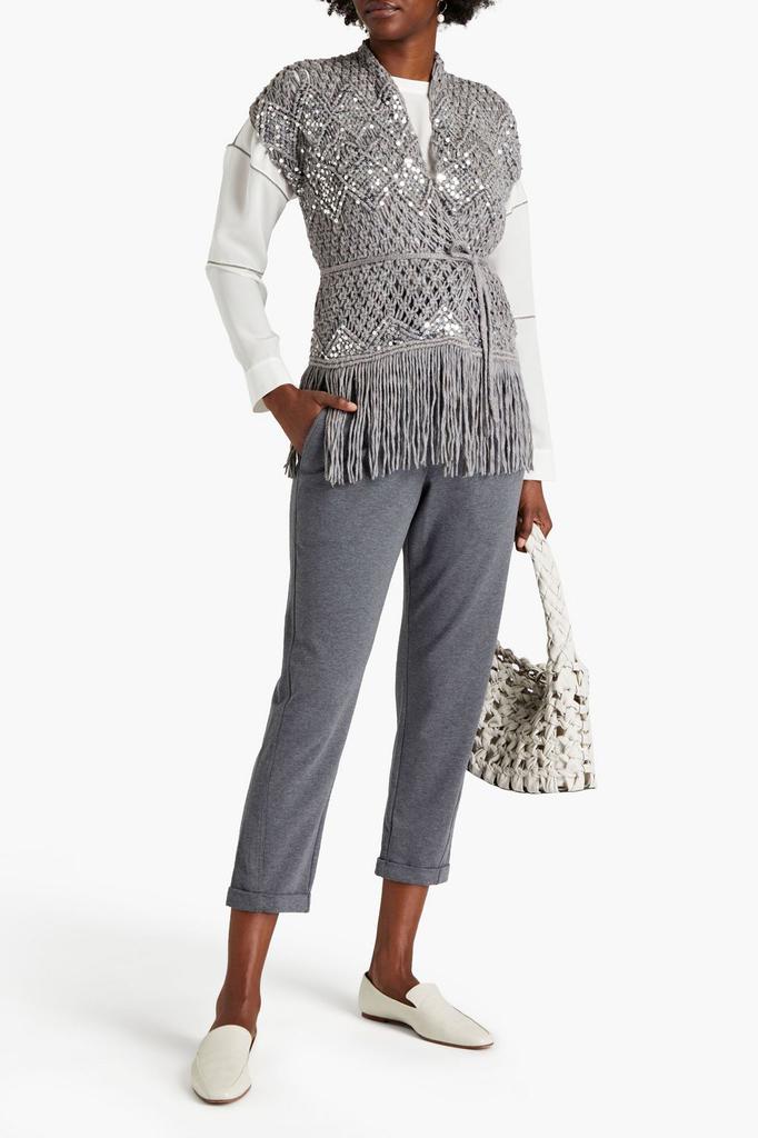 Fringed sequin-embellished macramé cotton wrap sweater商品第2张图片规格展示