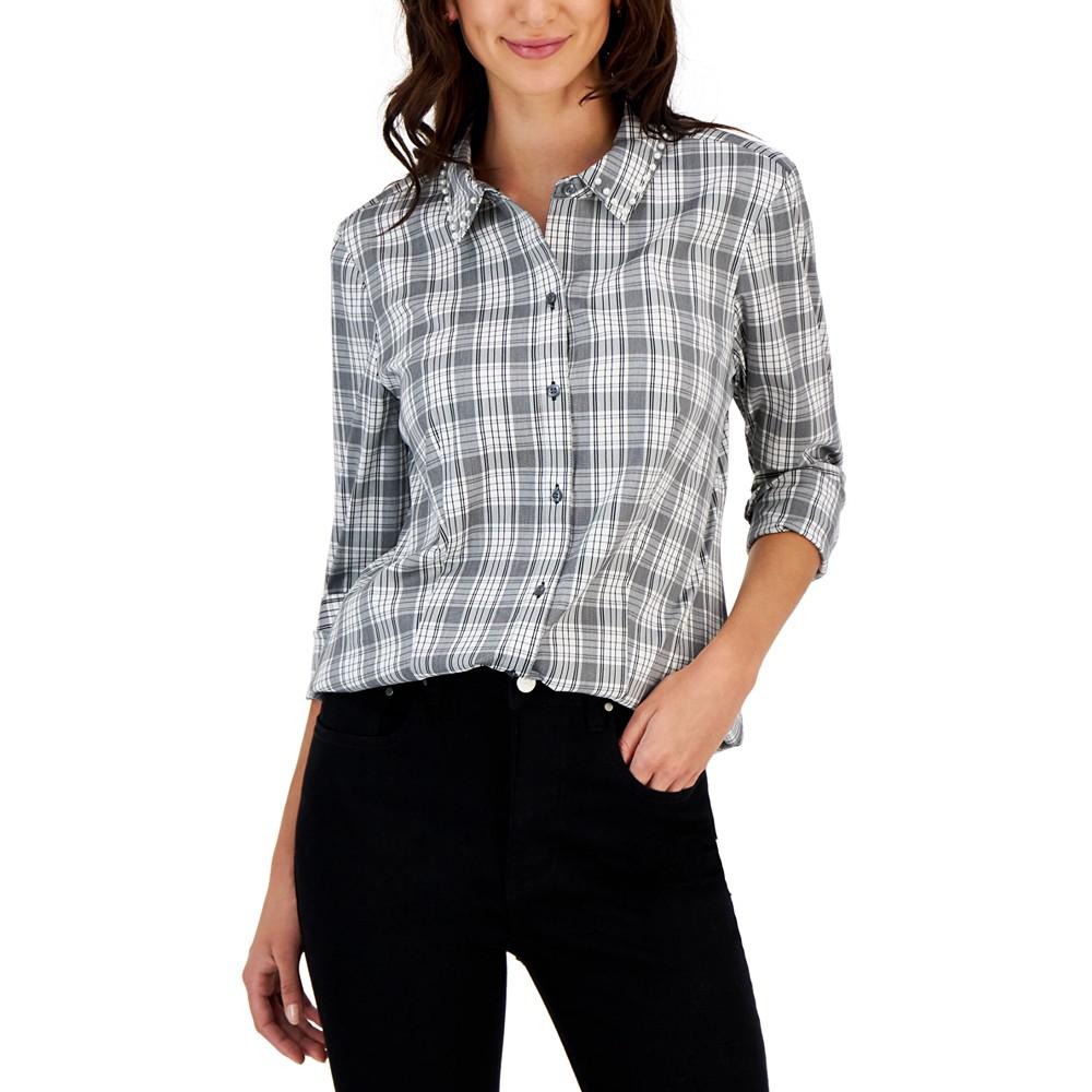 Women's Embellished Plaid Long Sleeve Top, Created for Macy's商品第1张图片规格展示