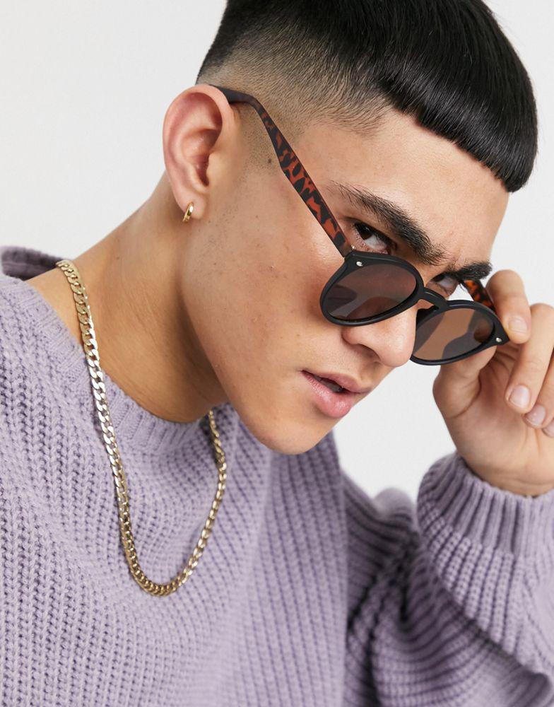 ASOS DESIGN frame round sunglasses in black with tortoiseshell detail - BLACK商品第3张图片规格展示