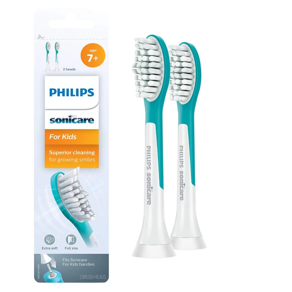 商品Philips Sonicare|Philips Sonicare for Kids 7+ Genuine Replacement Toothbrush Heads, 2 Brush Heads, Turquoise and White, Standard, HX6042/94,价格¥168,第1张图片