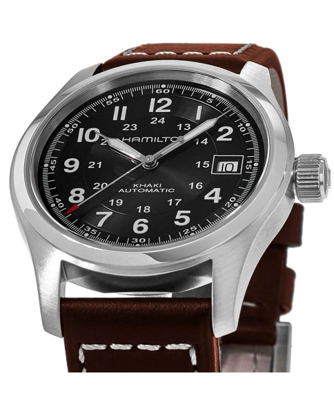 商品Hamilton|Hamilton Khaki Field Auto 38MM Black Dial Leather Strap Men's Watch H70455533,价格¥5081,第2张图片详细描述