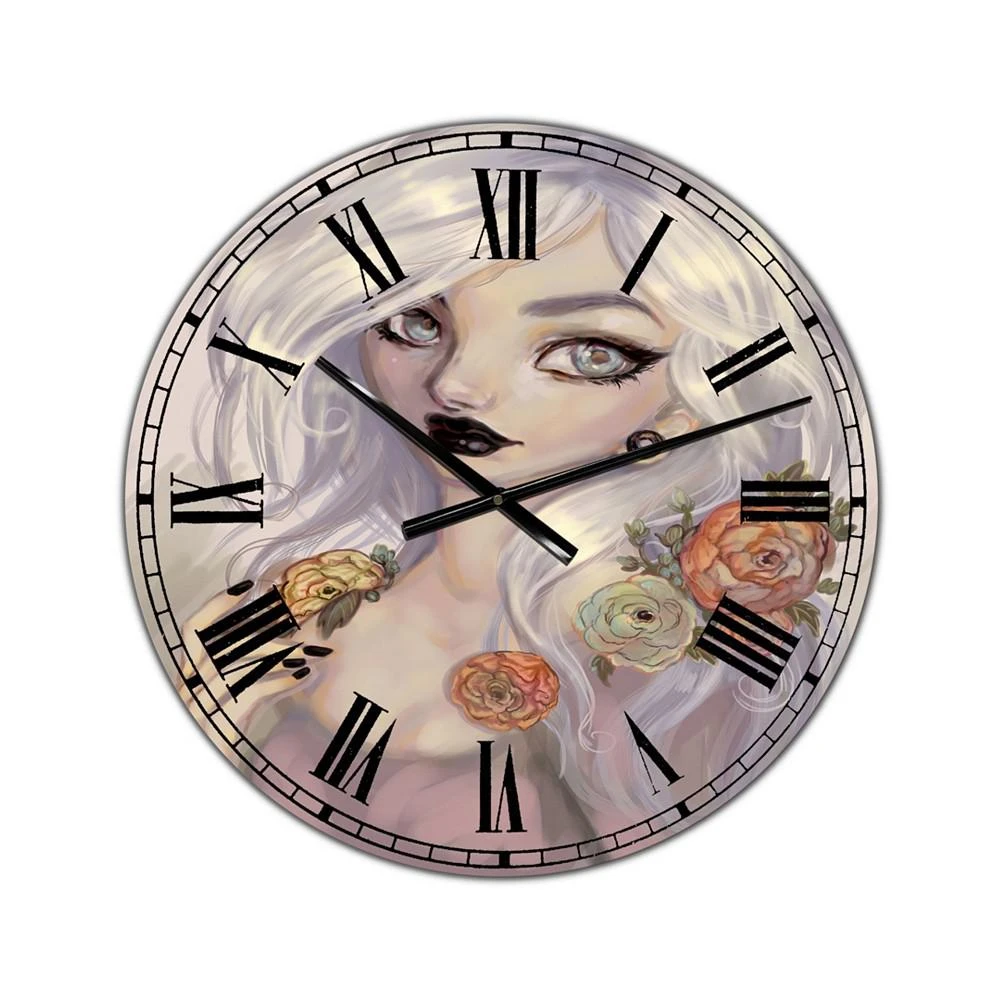 商品Designart|Fantasy Girl with White Hair and Orange Flowers Oversized Cottage Wall Clock - 36" x 28" x 1",价格¥1489,第1张图片