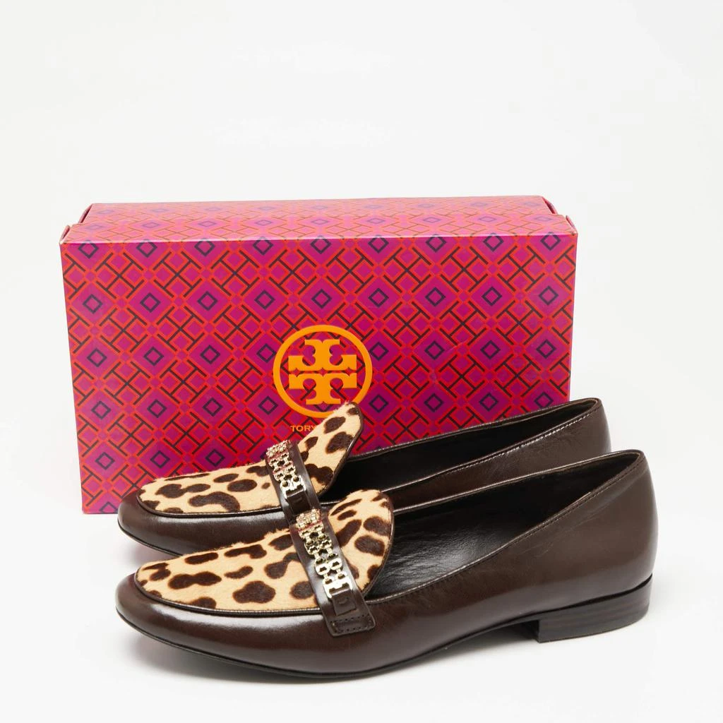 Tory Burch Dark Brown Leather Leopard Print Calf hair Gemini Link Slip On Loafers Size 41 商品