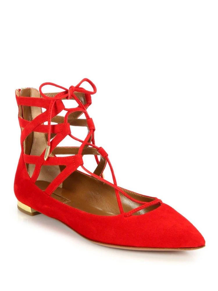 商品Aquazzura|Belgravia Suede Point Toe Lace-Up Flats,价格¥2085,第1张图片