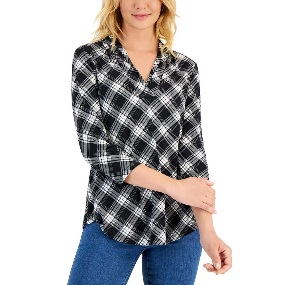 商品Charter Club|Petite Plaid 3/4-Sleeve Top, Created for Macy's,价格¥67,第1张图片