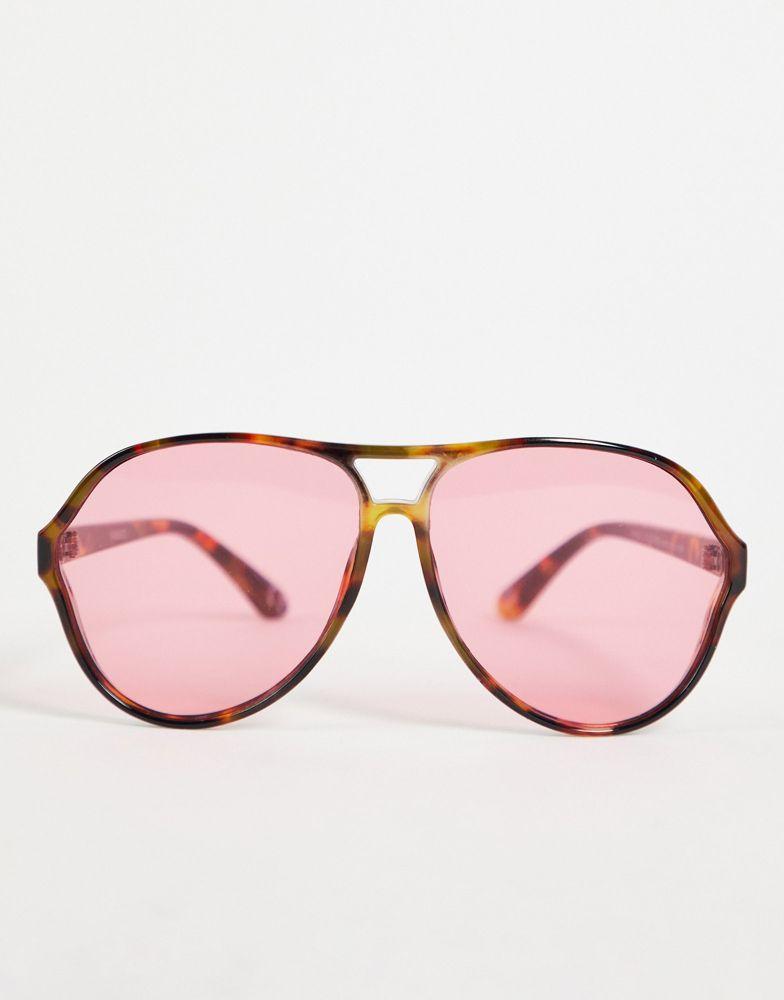 ASOS DESIGN oversized navigator sunglasses with pink lens in brown tort - BROWN商品第3张图片规格展示