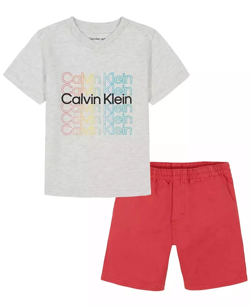 商品Calvin Klein|Toddler and Little Boys Repeat Logo V-neck T-shirt and Twill Shorts,价格¥104,第1张图片