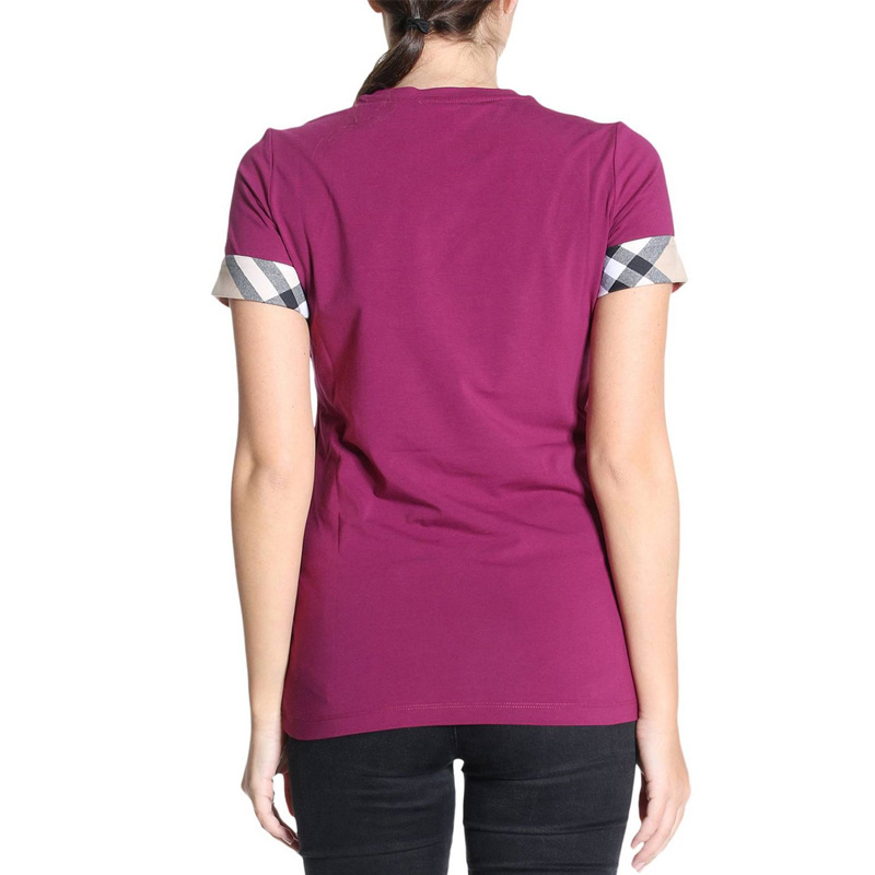 商品Burberry|Burberry 博柏利 女士袖口格纹设计紫色棉质混纺短袖T恤 3968495,价格¥754,第1张图片