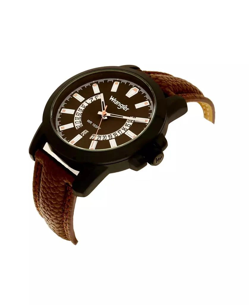 商品Wrangler|Men's Watch, 46MM IP Black Sandblasted Case and Bezel, Black Dial, White and Beige Index Markers, Dual Crescent Cutouts For Date Function, Analog Watch with Beige Second Hand, Brown Strap,价格¥463,第2张图片详细描述