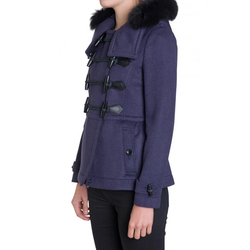 Burberry 博柏利 女士藏蓝色羊毛翻毛领系扣短款保暖大衣棉服外套 3946534 商品