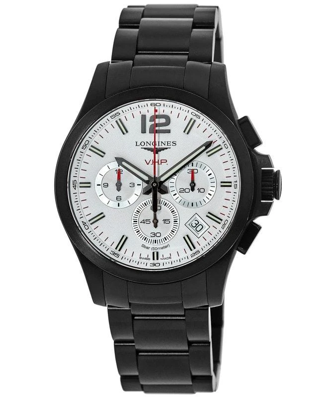 商品Longines|Longines Conquest V.H.P. Black Steel Silver Chronograph Dial Men's Watch L3.717.2.76.6,价格¥7653,第1张图片