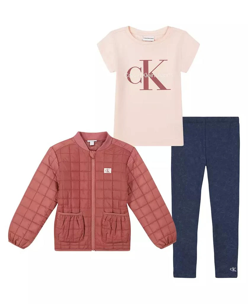 商品Calvin Klein|Toddler and Little Girls Woven Puffy Barn Jacket, Short Sleeve Ribbed Tee Jeggings, 3-Piece Set,价格¥268,第1张图片