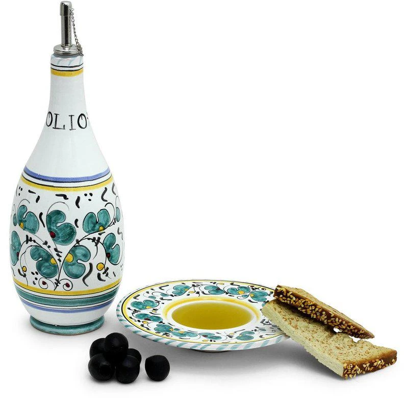 商品Artistica - Deruta of Italy|Orvieto Green Rooster: Olive Oil Bottle Dispenser BOTTLE AND SAUCER/DIPPING BOWL,价格¥1480,第1张图片