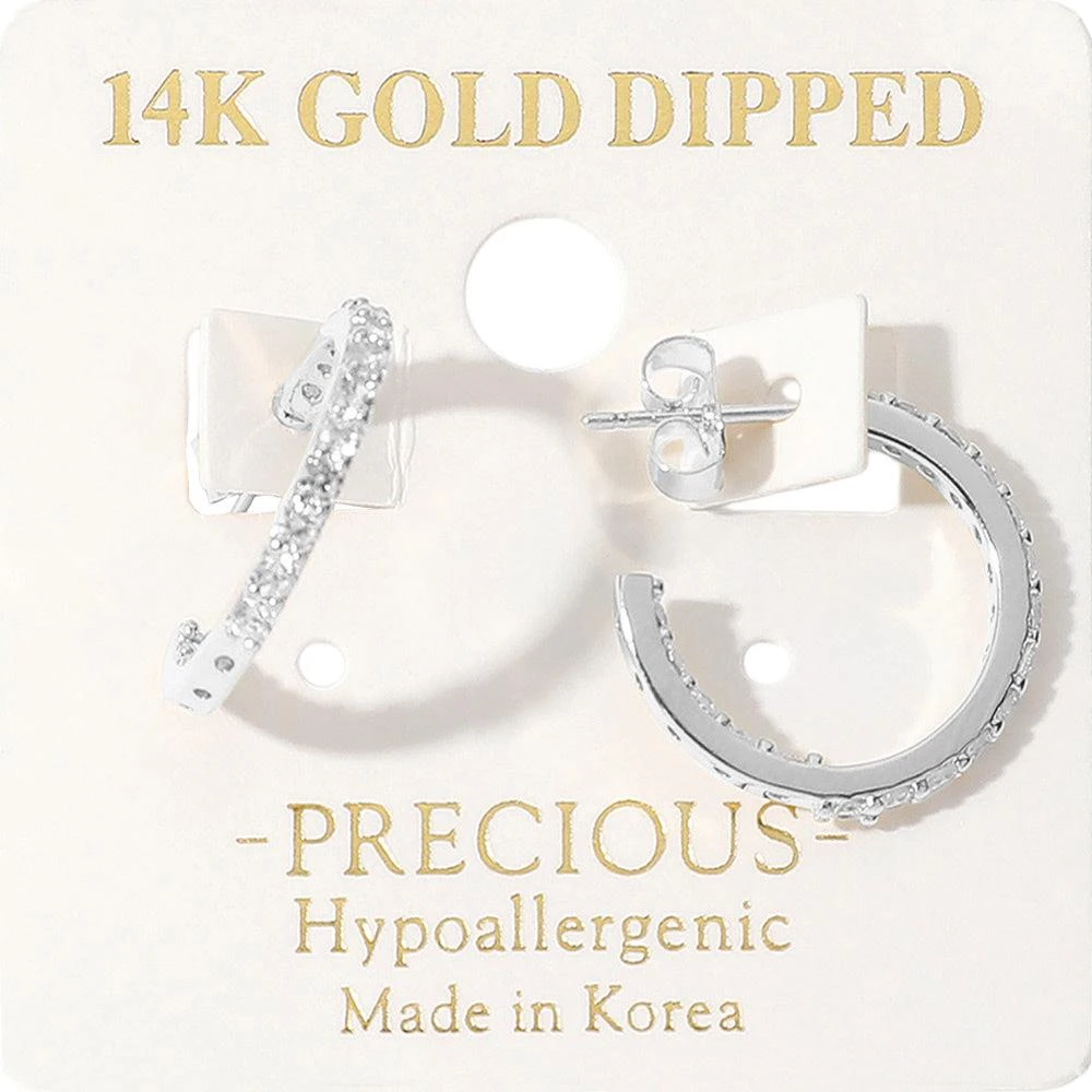 商品FASHNZFAB|14K Gold Dipped Hypoallergenic Stone Paved Mini Hoop Earrings - Rhodium,价格¥207,第1张图片