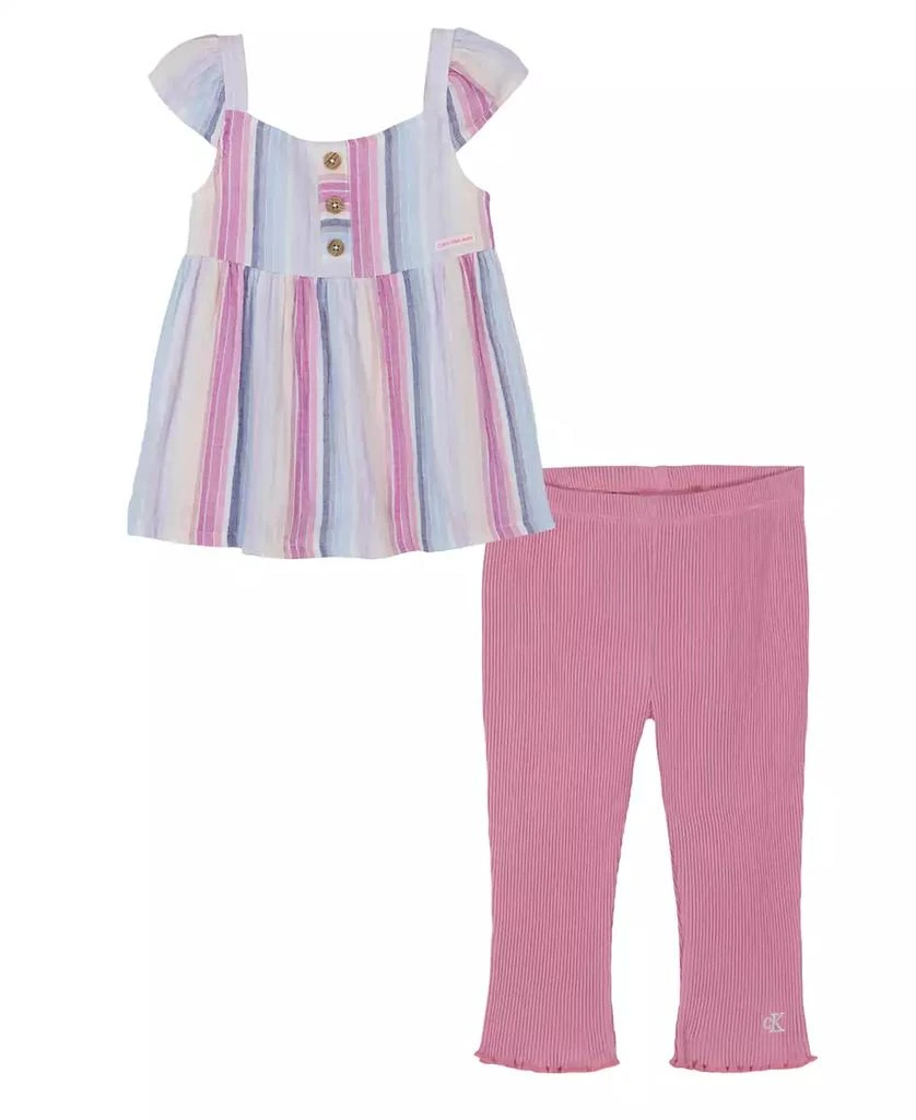 商品Calvin Klein|Little Girls Woven Striped Empire Tunic and Ribbed Capri Leggings, 2 Piece Set,价格¥103,第1张图片