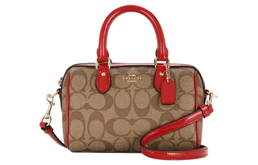 商品[国内直发] Coach|蔻驰 Boxed 18 经典老花挂件铭牌五金扣 PVC配皮 波士顿包手提包单肩包 小号 女款 棕色拼红色,价格¥1450,第1张图片
