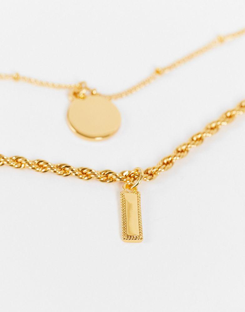 ASOS DESIGN 14k gold plated pack of 2 necklaces with bar and disc pendants商品第4张图片规格展示