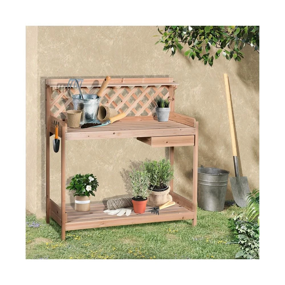 商品Outsunny|Garden Potting Bench Workstation w/ Drawer, Storage Shelf and Lattice,价格¥733,第3张图片详细描述