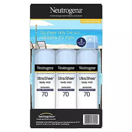 商品Neutrogena|Neutrogena Ultra Sheer Body Mist Sunscreen Spray, SPF 70 (5 oz., 3 pk.),价格¥159,第1张图片