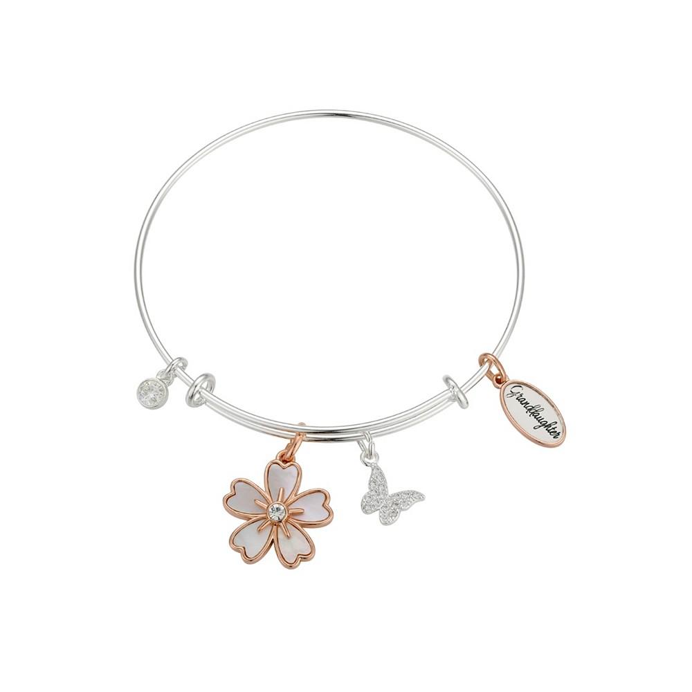 14K Gold Flash-Plated Mother of Pearl Inlay "Granddaughter" Flower Charms, Stainless Steel Bangle商品第1张图片规格展示