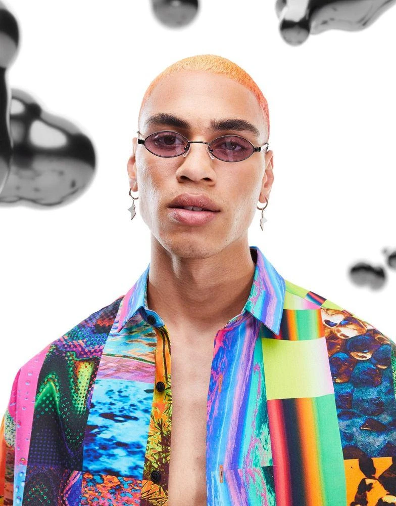 商品ASOS|ASOS DESIGN 90s mini oval glasses in gunmetal with lilac lens,价格¥71,第1张图片