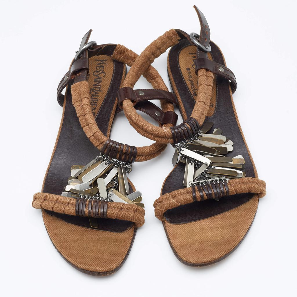 商品[二手商品] Yves Saint Laurent|Yves Saint Laurent Brown Canvas and Leather Embellished Flat Sandals Size 39,价格¥1885,第5张图片详细描述