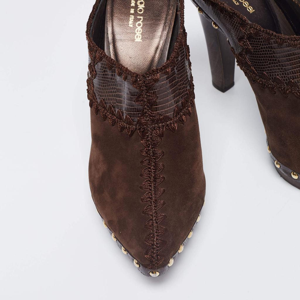 Sergio Rossi Brown Lizard Embossed Leather and Suede Studded Platform Mules Size 38商品第7张图片规格展示