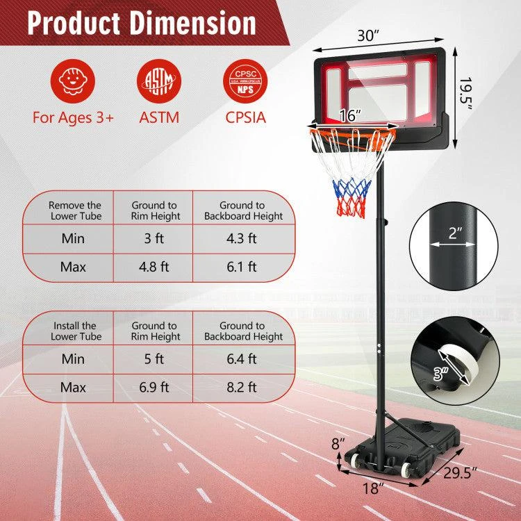 4.3-8.2 FT Portable Basketball Hoop with Adjustable Height and Wheels-Red 商品