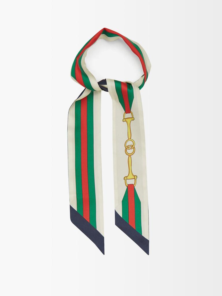 Horsebit and Web Stripe-print silk-faille scarf商品第1张图片规格展示