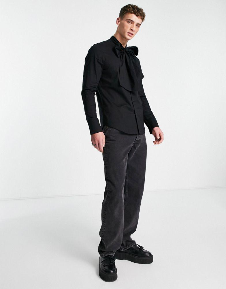 ASOS DESIGN black poplin shirt with oversized pussybow tie neck商品第3张图片规格展示